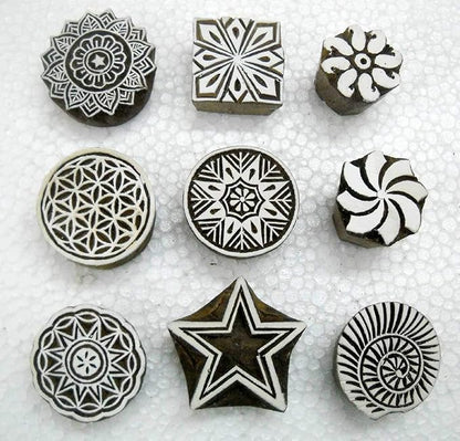 Wholesale Lot of Nine Beautiful Wooden Block Stamps/Tattoo/ 100% Handcarved Indian Textile Printing Blocks