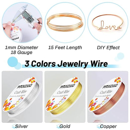 Paxcoo 3 Pack Jewelry Wire Craft Wire 18 Gauge Tarnish Resistant Beading Wire for Jewelry Making Supplies and Crafting (Silver, Gold and Copper)