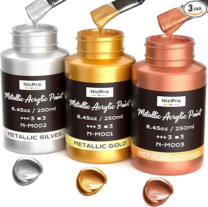 Nicpro Acrylic Paint Metallic, 3 Colors Gold, Silver, Copper 25.35oz/750ml Gold Leaf Paint, Non Toxic, Non Fading for Art Painting, Handcrafts, Ideal for Multi-surface, Canvas, Wood, Clay, Metal