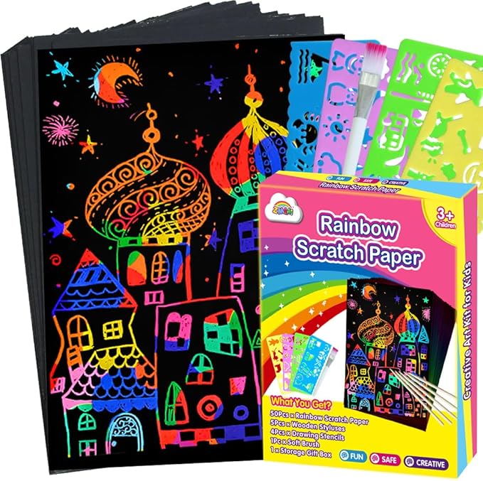 ZMLM Scratch Art Crafts Girls Gifts, 60 Rainbow Scratch Paper Art Gifts for 3 4 5 6 7 8 9 10 Years Old Girls and Boys Kids, Arts and Crafts for Kids 4-6 Birthday Toys and Games Activities Gift (Pink)