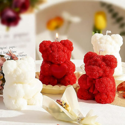 2PCS Rose Bear Silicone Mold,3D Teddy Bear Candle Making Molds,Silicone Epoxy Resin Mould,Ornament for DIY Wax Candle Art Craft Cake Chocolate Home Decor Valentine Gifts Birthday Gift（MINI）