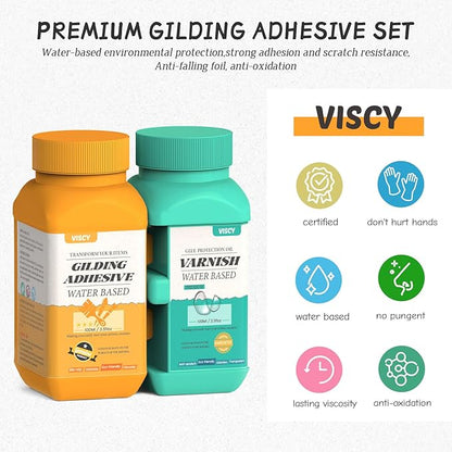 Gold Leaf Adhesive, Gilding Adhesive Set with 100ml Water Based Metal Leaf Glue and 100ml Varnish, 100 pcs Foil, 2 Brushes, Foil Wiping Cotton, for Arts, Crafts and Painting.