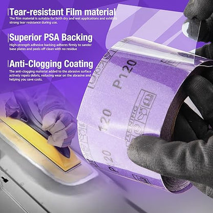 120 Grit PSA Purple Film Ceramic Sandpaper Roll, 2-3/4" Wide Continuous 10 Yard Longboard Sanding Roll Wet Dry Sanding Blocks Self Adhesive Sticky Back Sanding Sheets for Woodworking Automotive
