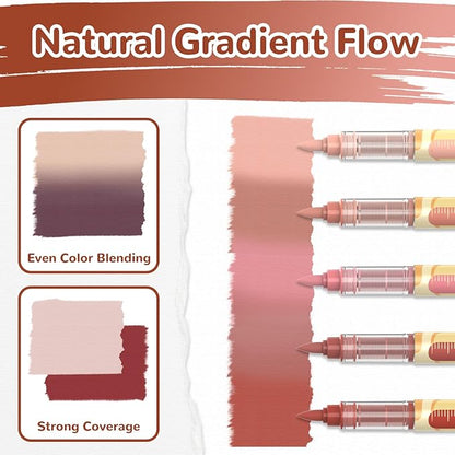 Guangna 12 Red Brown Series Acrylic Paint Markers Set, Brush Tip Acrylic Paint Pens for Rock Painting, Wood, Glass, Paper, Coloring Book, Ceramic, Canvas, DIY Crafts, Water-Based Ink