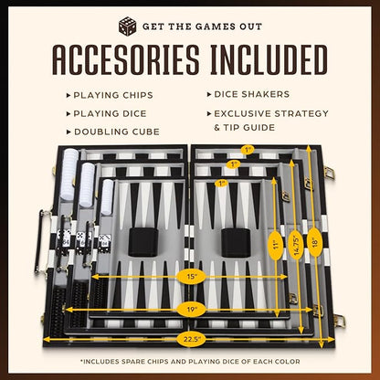 Get The Games Out Backgammon Set, Classic Board Game Case, 2 Players, Includes Strategy & Tip Guide, Perfect for Parties and Family Game Nights - Small, Black