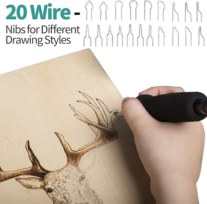 YIHUA 939-II Wood Burning Kit Station Pyrography pen 250~750℃/482~1382℉ Temperature Adjustable with 20 Wire Nibs, 1 stable pen holder, 2 stencils, 2 scrap wood, 1 S/S Tweezers, and 1 pliers (Green)