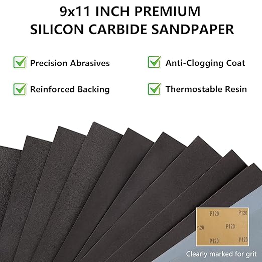 Fine Sandpaper Assortment, 9 x 11 Inch Wet Dry Sand Paper, 1000/2000/3000/5000/10000 Grit Hand Sanding Sheets for Wood Metal Automotive Sanding and Polishing - 5 Sheets