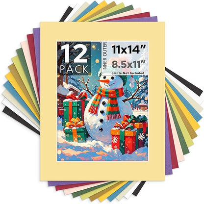 Mat Board Center, 11X14 Mix Color Mats for 8.5X11 Pictures - Acid Free, 4-Ply Thickness, White Core, Bevel Cut - for Artworks, Photos, Framing - Pack of 12