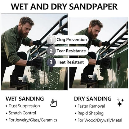 Sandpaper Assortment 120/220/400/600/800/1000/2000 Grit, 21 Sheets, 9 x 3.6 Inch Wet Dry Sand Paper, Hand Sanding Sheets for Wood Metal Automotive Sanding and Polishing
