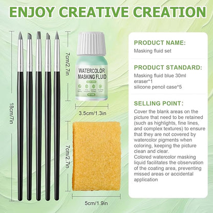WANJAO Masking Fluid for Watercolor Painting, Liquid Masking Tape with Silicone Pens Cleaning Brush for Painting Fast Drying Easy Peel Use to Art Watercolor Supplies Retouching Covering, 30ml Green