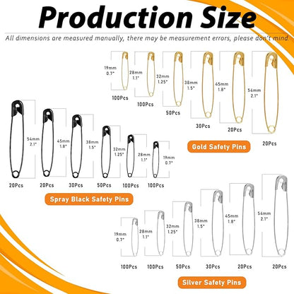 960Pcs Safety Pins Assorted 6 Sizes Variety Pack Large and Small Metal Safety Pin Gold Silver Black for Clothing Art Crafts Sewing Quilting Jewelry Making