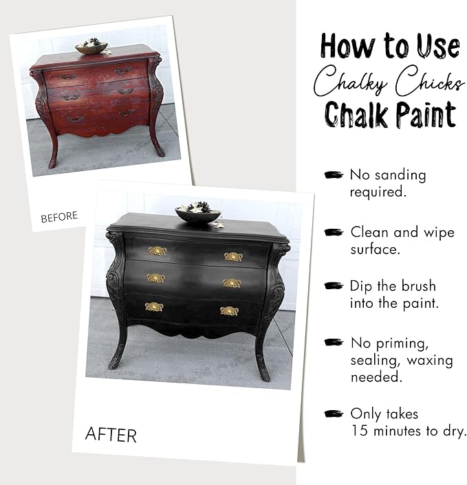Chalky Chicks All-in-One Chalk Paint for Furniture or Cabinet - 4 Fl Oz - Matte Finish Starless Night Black for Metal, Wood Furniture Paint - No Sanding All-in-One for Home Decor & Crafts, USA Made