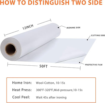 RENLITONG White Iron on Vinyl 12Inch by 50ft Roll HTV Heat Transfer Vinyl for T-Shirt HTV Rolls for All Cutter Machine - Easy to Cut & Weed for Heat Transfer Design