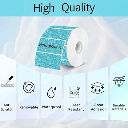 2.25"x1.25" Holographic Thermal Labels Stickers, Glitter Direct Thermal Printer Labels, Waterproof Self-Adhesive Address Shipping Label Stickers, 300 Sheet/ 1 Roll, Holographic Shiny Blue