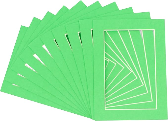 Pack of 25 Acid Free 8x10 Mats Bevel Cut for 5x8 Photos - Bright Green Precut Matboards With Backing Boards and Clear Photo Mat Bags For Pictures, Photos, Framing - 4-ply Thickness