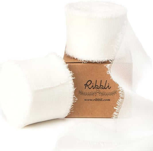 Ribbli White Chiffon Ribbon 1-1/2 inch x 20 Yard Handmade Fringe Chiffon Silk Ribbon, White Ribbon for Wedding Invitations, Bridal Bouquets Wrapping, Flower Arrangement Decoration