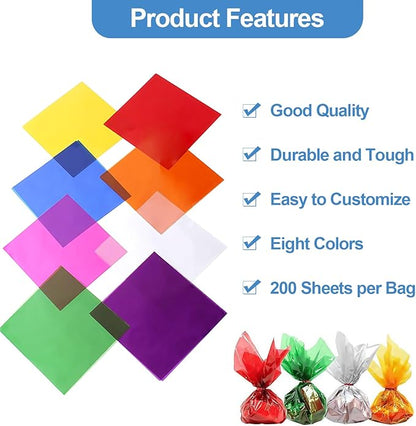 200 Pcs Colored Cellophane Sheets, Cellophane Wrap Paper Color Cello Sheets for Crafts(7.5x7.5 Inches)