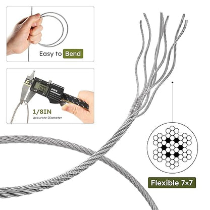 1/8 Inch Stainless Steel Cable Kit 100FT, 7 x 7 Strand Wire Rope with Aluminium Sleeves & Thimbles for Deck Railing, String Light Hanging, Shade Sail, Garden and DIY Projects