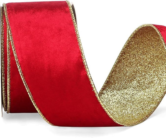 Ribbli Red Velvet Wired Ribbon 2.5 Inch Red Velvet with Gold Glitter Christmas Ribbon for Christmas Tree Decoration Big Bow Gift Wrapping Crafts Wreaths Supplies- 10 Yards