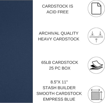 PA Paper Accents Stash Builder Cardstock 8.5" x 11" Empress Blue, 65lb Colored cardstock Paper for Card Making, Scrapbooking, Printing, Quilling and Crafts, 25 Piece Pack