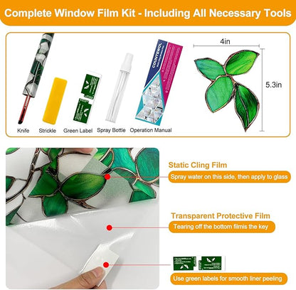 Window Privacy Film Stain Glass Window Film Rainbow Window Film Window clings Non-Adhesive Reusable Decorative for Room (Frosted Greenery Leaf, 17.5 x 78.7 in)