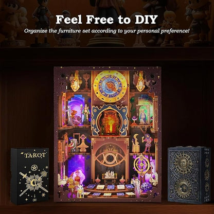 Tarot Book Nook Kit - 3D Wooden Puzzle for Adults, Teens & Beginners, DIY Miniature Bookshelf Insert with LED Light, Mysterious Craft Gift for Family, Friends