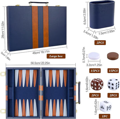Backgammon Set 2 Players Classic Backgammon Sets for Adults Board Game with PU Leather Case Portable and Travel Backgammon Set (Navy, 18inch)