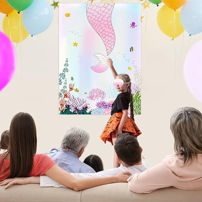 ASTARON Pin The Tail on The Mermaid Game for Birthday Party, Mermaid Party Game with 24 pcs Tail Stickers Birthday Party Supplies for Wall Home Room Decorations