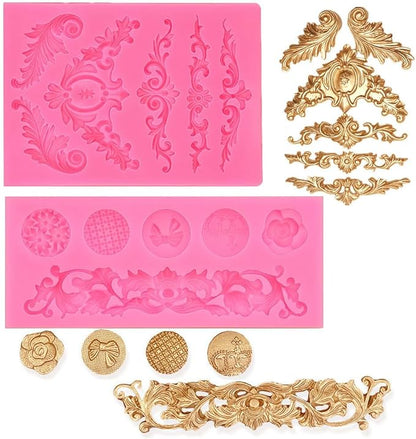 JOERSH 3PCS Baroque Scroll Molds Silicone Border Fondant Mold for for Wedding Birthday Cake Decorating, Cupcake Topper, Chocolate, Candy, Candle, Clay