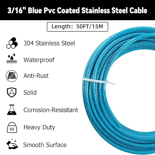 3/16" Sunshade Sail Hardware Kit, Turnbuckles for Cables Wires, PIUM PVC Coated Wire Rope Kits, 50Ft Stainless Steel Cable for Clothes Line Wires, String Light Hanging and Garden Plant Trellis