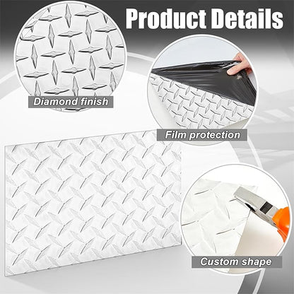 1pcs Diamond Plate Sheet Metal Heavy Duty Tread Aluminum Sheet Diamond Tread Plate for Wall Covering, Cargo Trailer, RV and More (12'' X 16'' X 0.08',Silver)
