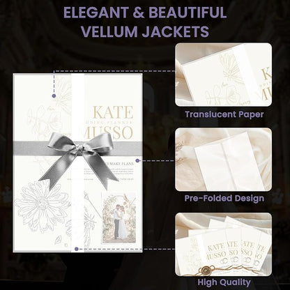 SuFly Pre-Folded Vellum Jackets for 5x7 Invitations, 90-Pack (60lb/93gsm) Translucent Vellum Paper 5x7 Sleeves, Invitation Jackets, Elegant Wedding Invitation Accessories, Envelope Liners, DIY Crafts.