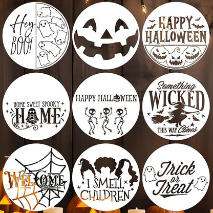 Halloween Stencils for Painting 12inch Large Reusable Halloween Stencil for Door Hanger Round Skeleton Ghost Boo Templates for Wood Walls Windows Door Mat Fabric