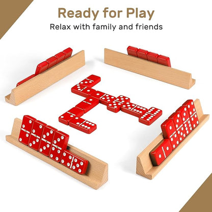 Dominoes Set for Adults with 4 Wooden Racks/Trays, Double Six Dominoes Travel Set with Portable Case Double 6 Dominoes Set with 4 Tiles Holders, 28 Tiles Dominos Set for Family Board Games - Red