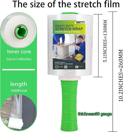 Mini Clear Stretch Wrap Film roll,5''x1000ft,4 Packs with 1 Plastic Handle,Self Adhering Industrial Plastic Wrap for Pallet Wrap,Heavy Duty Packaging,Moving,Transparent Shrink Wrap,80 Gauge