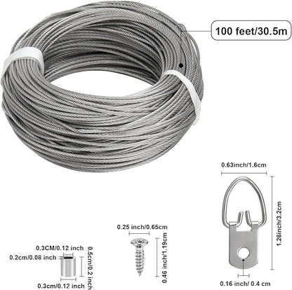 Blisstime Picture Hanging Kit - 100 Feet Braided Hanging Wire, 60 Pcs D Ring Picture Hangers with Screws and 60 Pcs Aluminum Crimping Loop Sleeve for Canvas Paintings, Photo Frames