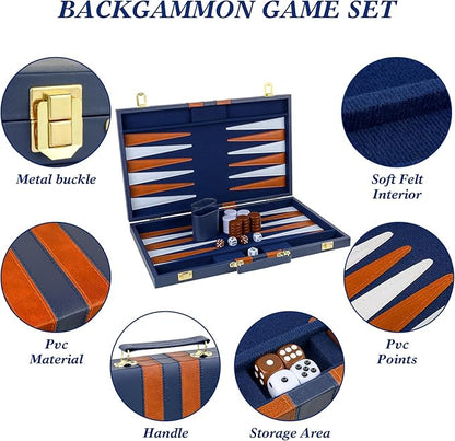 Backgammon Set 2 Players Classic Backgammon Sets for Adults Board Game with PU Leather Case Portable and Travel Backgammon Set (Navy, 18inch)