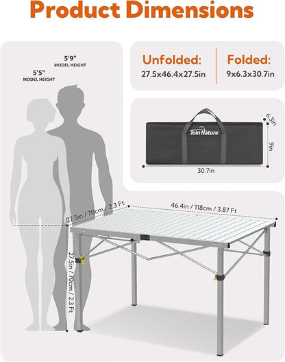 Large 46.4" Camping Table for 2-6 People - 220lbs Capacity Heavy Duty Foldable Outdoor Table with Aluminum Roll-Up Top & Carry Bag, Portable Picnic Desk for BBQ, Tailgating, Backyard (Silver)