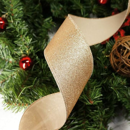 CT CRAFT LLC Glitter Wired Ribbon 1.5" x 10 Yards Gold (Champagne Gold) for Christmas Home Decor Bow Gift Wrapping DIY Crafts Wreath