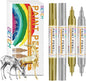 Betem Oil Based Paint Markers, Dual Tip Paint Pens(0.7mm & 3mm), Gold Silver Permanent Paint Marker Pen, Waterproof, Quick Dry, for Fabric, Rock Painting, Wood, Plastic, Metal, Canvas (2Gold2Silver)