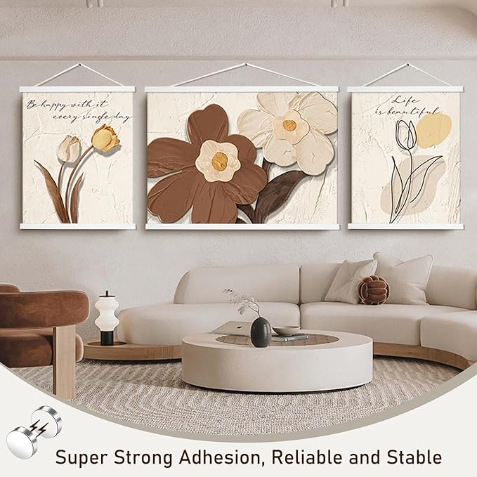 Artmag Magnetic Poster Hanger Frame, 36x24 36x48 36x12 Light Wood Wooden Magnet Canvas Artwork Print Poster Hangers Frames Hanging Kit (White, 36")