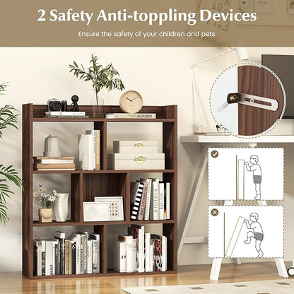 Giantex 7 Cube Bookshelf, Free-Standing Wooden Bookcase, 4 Tier Home Display Shelf, Horizontal Storage Unit w/Anti-Toppling Devices, Open-Back Display Rack for Study, Bedroom, Living Room, Walnut