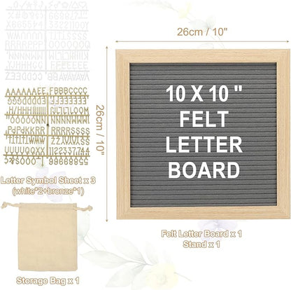 PATIKIL Felt Letter Board, 10x10Inches Gray Wooden Changeable Message Board with Storage Bag Stand for Kitchen Menu Classroom Farmhouse Decor Notes, White Bronze Letter