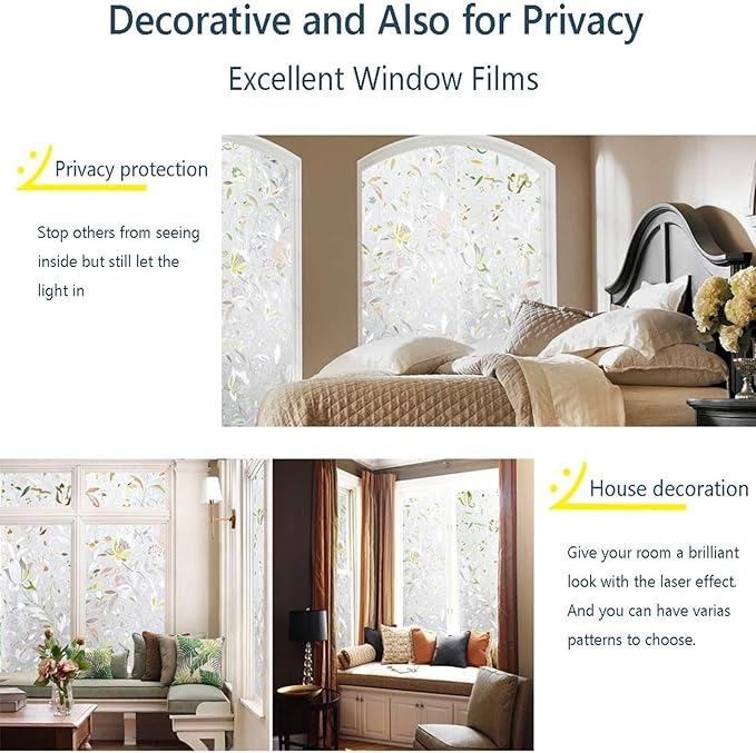 LEMON CLOUD Window Film, Decorative Window Privacy Film, 3D Stained Glass Window Sticker,Anti-UV Sun Blocker Heat Control for Home(Rainbow Tulip Design,11.8 x 78.7 inches)