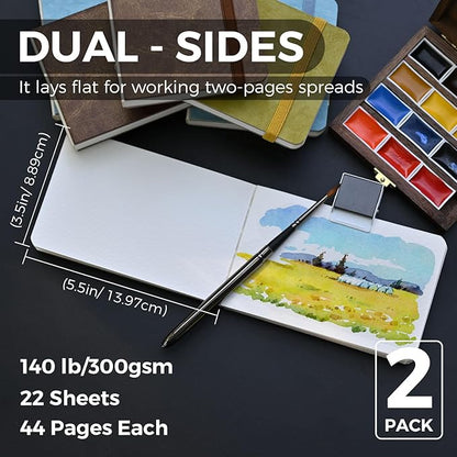 Funto Watercolor Journal 2-Pack, 3.5x5.5, 44 Pages Each, 100% Cotton Hot Press, PU Leather Green Hard Cover, Art Supplies for Mixed Media
