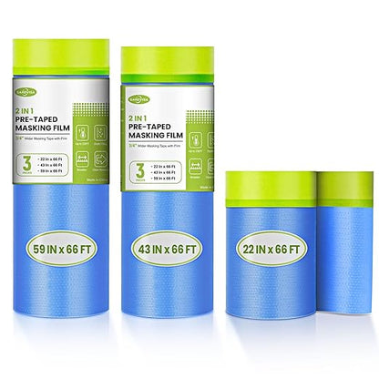 Pre-Taped Masking Film for Painting, 59/43/ 22 in * 66 FT, 3-Rolls Painters Plastic Sheeting with Widened Paint Tape and Drape for Covering Walls, Windows, Cars & Furniture Protection