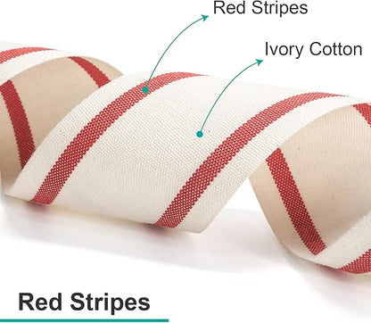 CT CRAFT LLC Ivory Cotton Red Stripes Ribbon 2" x 10 Yards for Home Décor Gift Present Wrapping DIY Crafts Birthday Wedding Bouquet Christmas