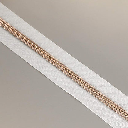 Leekayer #5 Rose Gold Metallic Nylon Coil Zippers by The Yard Bulk 10 Yards White Tape with 25pcs Rose Gold Sliders for DIY Sewing Tailor Craft Bag(White)