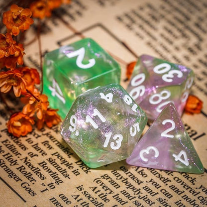 7-Die DND Dice Set Polyhedral Dice Set with a Leather Dice Bag, D&D Dice Set for Dungeons and Dragons, RPG Table Games (Green Pink/Glitter)