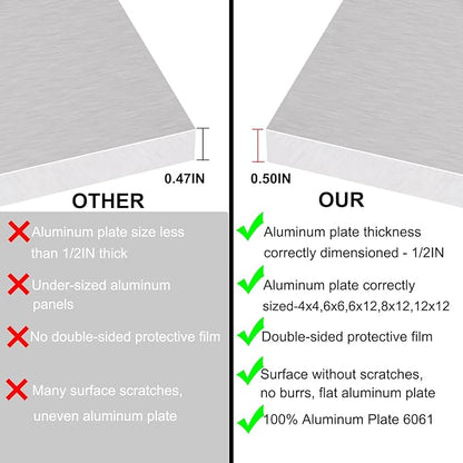6061 T651 Aluminum Sheet Metal 12 x 12 x 1/2Inch (12.7MM) Flat Plain Thickened Aluminum Plate Covered with Protective Film, Heat Treatable Rectangle 0.50" Thick Aluminum Metal Plate for Industrial